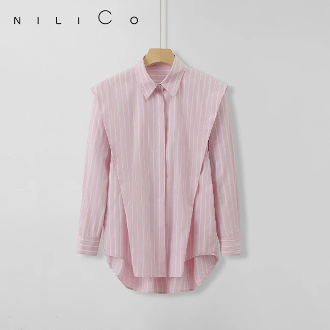 NILICO桃粉色立体剪载条纹衬衫休闲设计感时尚宽松女士气质衬衣
