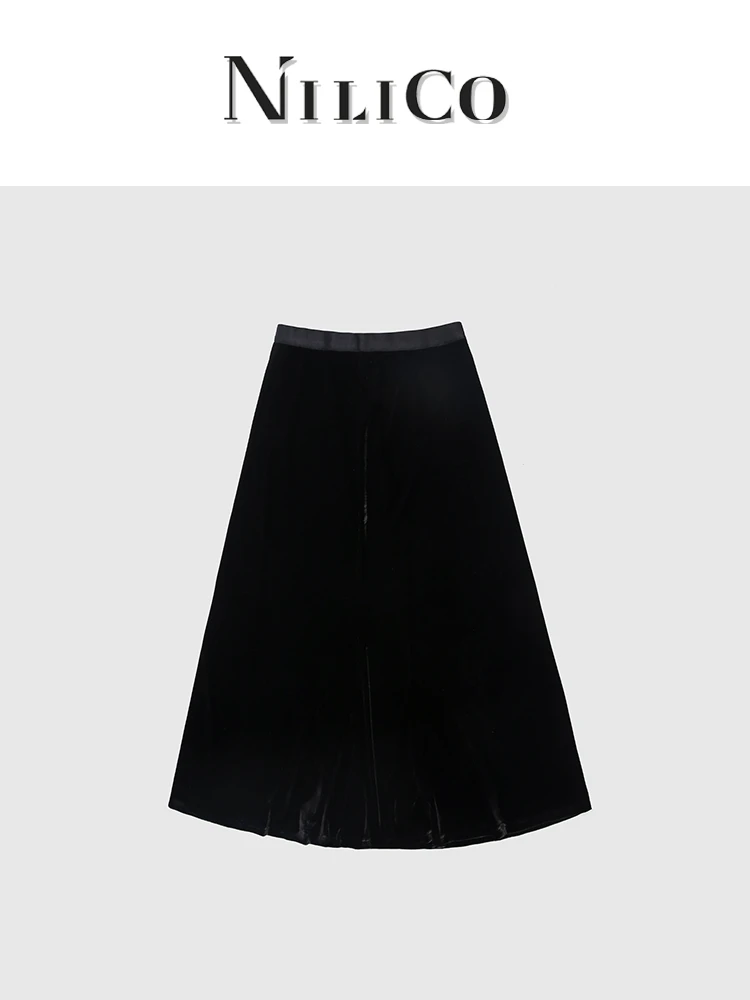 NILICO【月下起舞】法式优雅松紧腰金丝绒黑色半身裙秋季百搭时尚