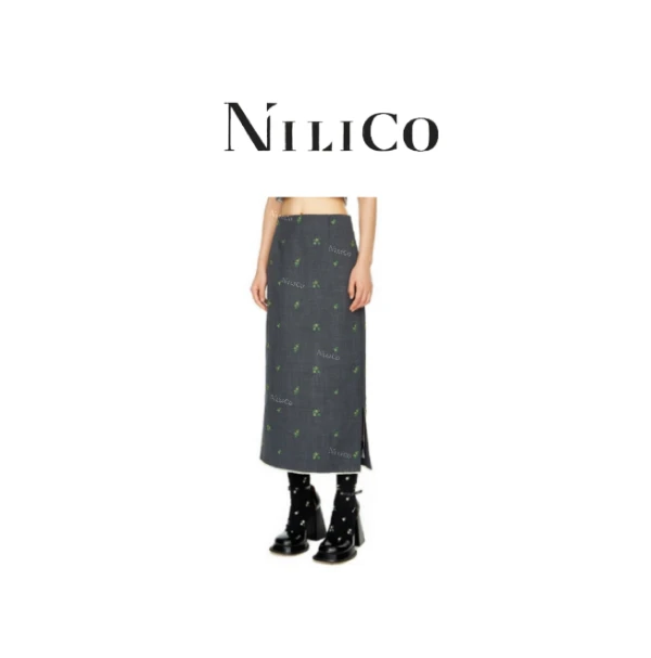 NILICO【名门淑女】精美刺绣棉羊毛双开叉半身裙
