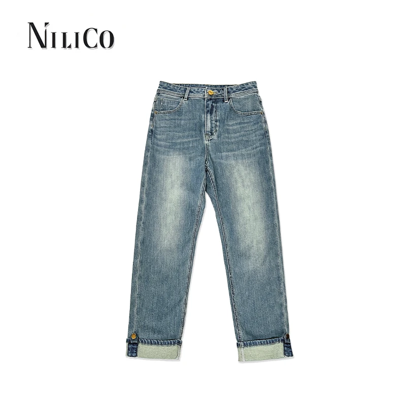 NILICO【夏日游园】时尚水洗经典牛仔小直筒卷边潮流休闲高腰九分裤
