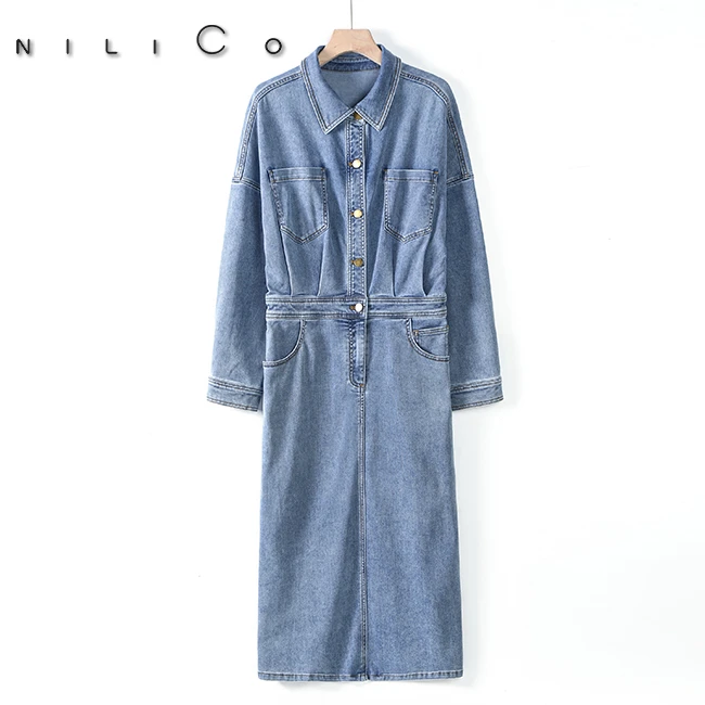 NILICO【英姿飒爽】牛仔长袖连衣裙时尚显瘦百搭设计感休闲复古宽松