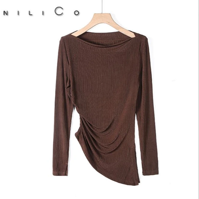 NILICO  咖色  【柔情似水】设计感一字肩上衣百搭秋季显瘦时尚气质
