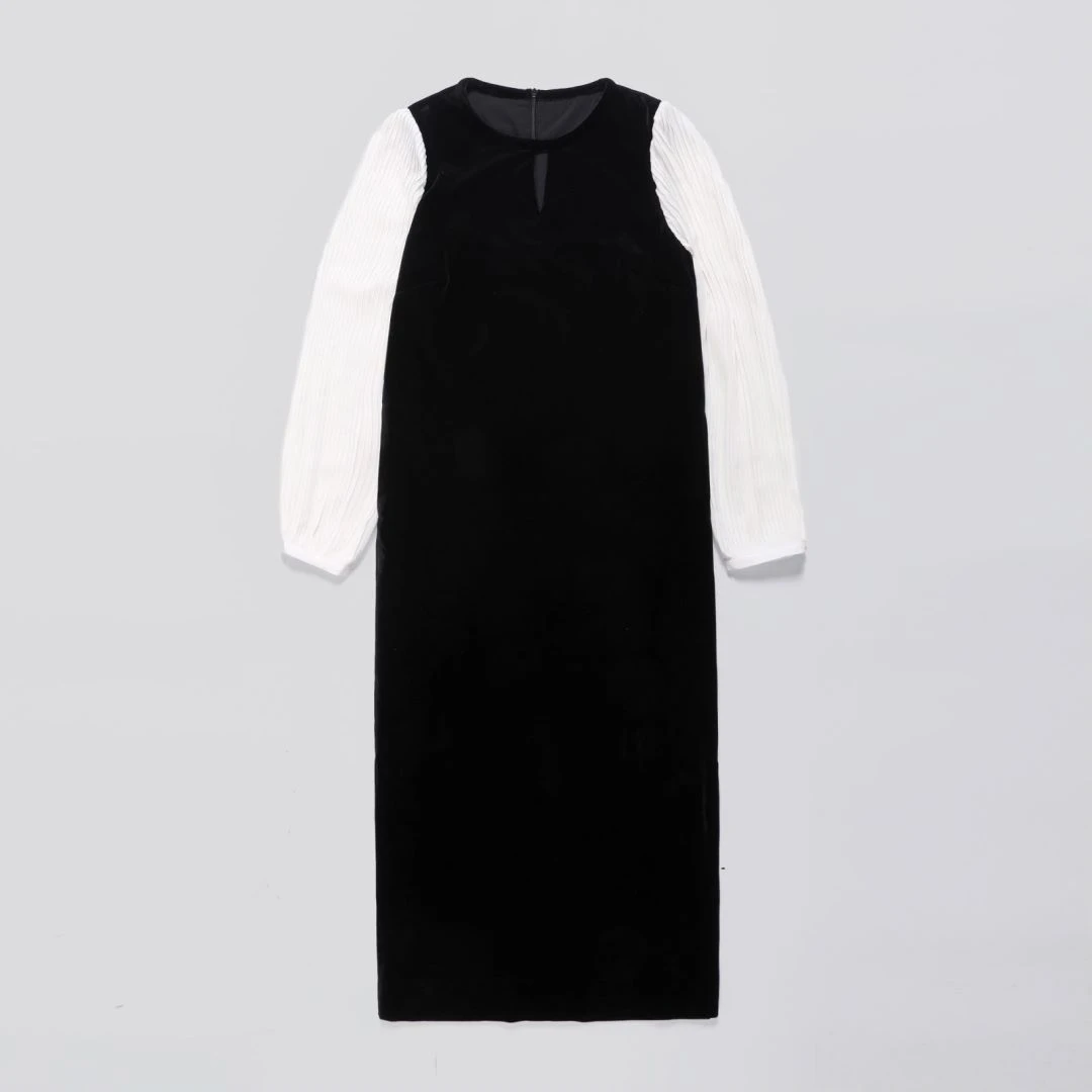 NILICO【人间梦露】法式优雅设计感丝绒压褶拼色连衣裙时尚气质休闲