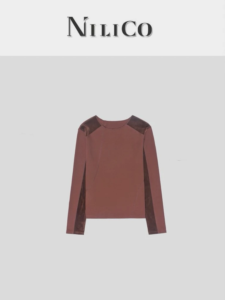 NILICO【美学顾问】解构拼接丝绒显瘦修身圆领秋冬长袖百搭女士上衣