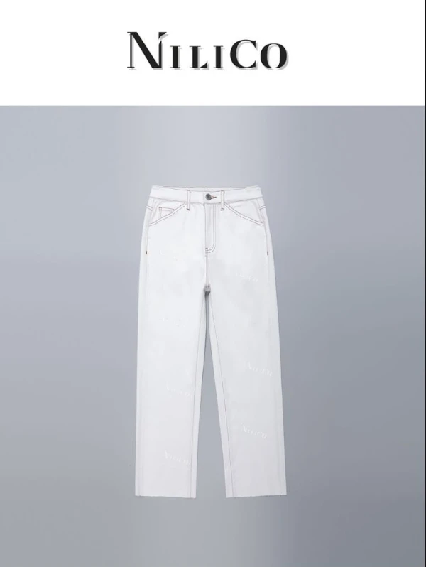 NILICO三防水洗时尚潮流百搭撞色明线白色直筒气质高腰休闲牛仔裤
