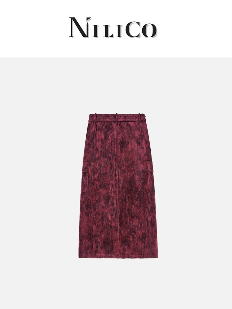NILICO【亿枫】复古高腰口袋宽松气质半身裙秋冬新款时尚休闲百搭女