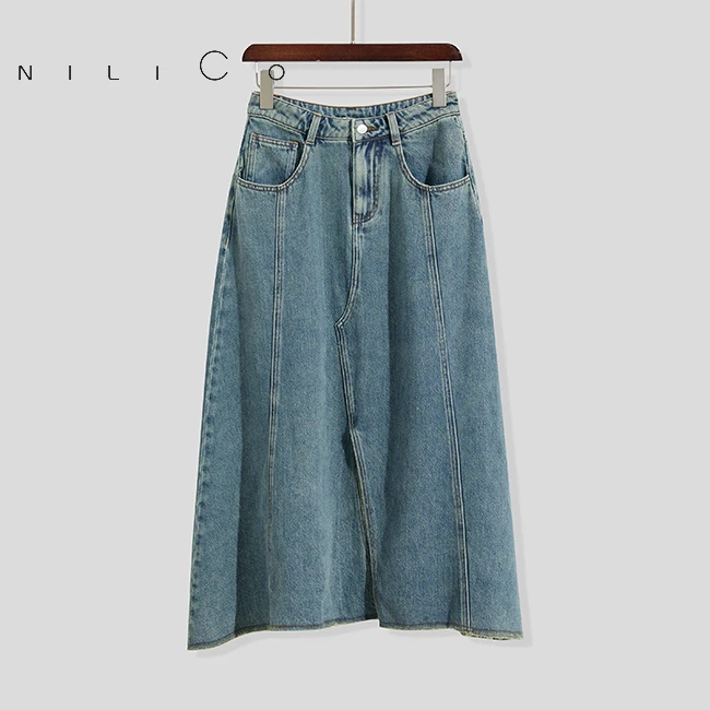 NILICO大表姐感开叉牛仔A版半身裙百搭休闲简约夏季时尚a字半裙