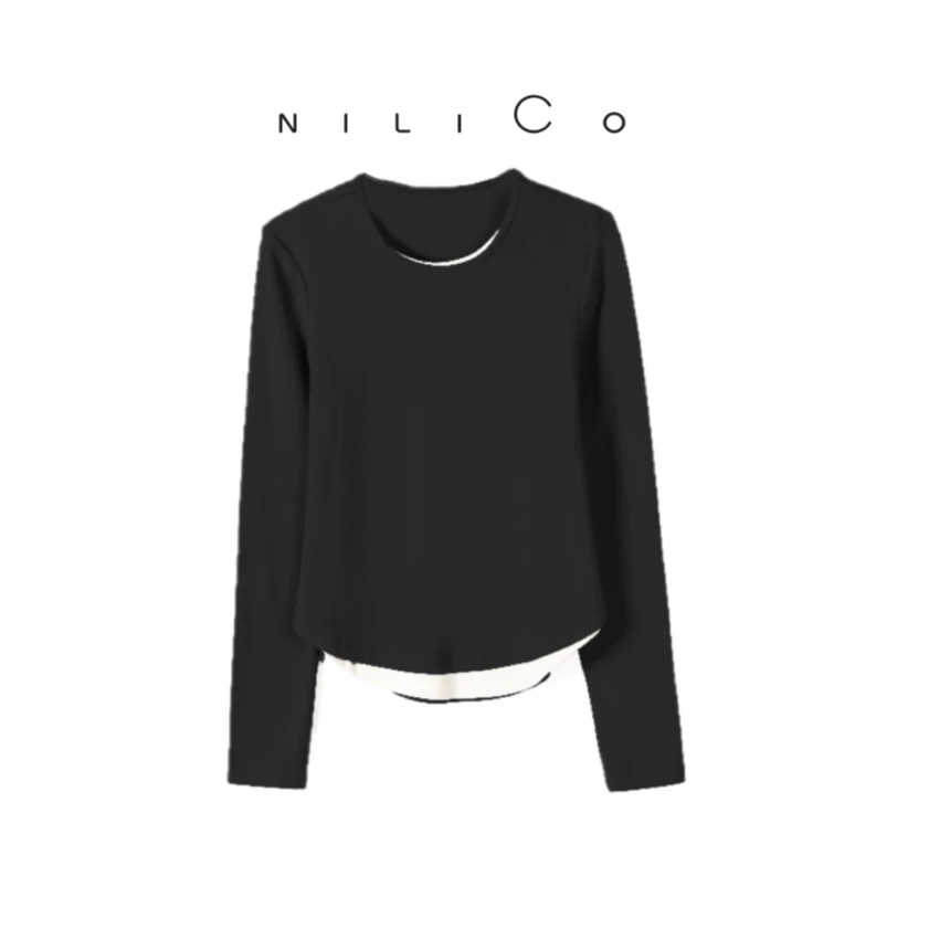NILICO假两件百搭黑色【千娇百媚】假两件撞色显瘦上衣