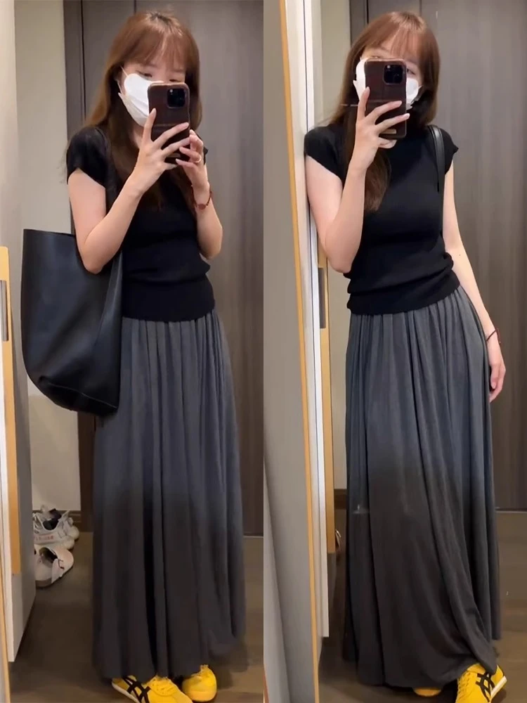 慵懒风灰色垂感半身裙夏大码胖mm宽松显瘦a字裙高个子长裙到脚踝