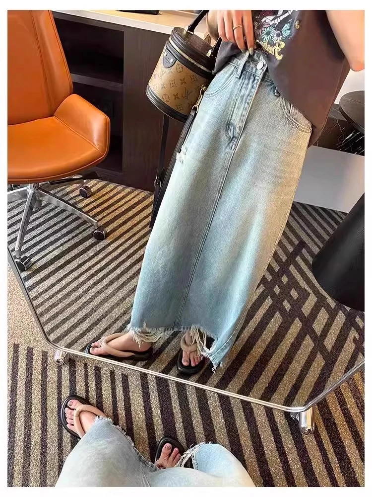 浅蓝色开叉牛仔半身裙女2025夏季新款破洞高腰包臀宽松A字中长裙