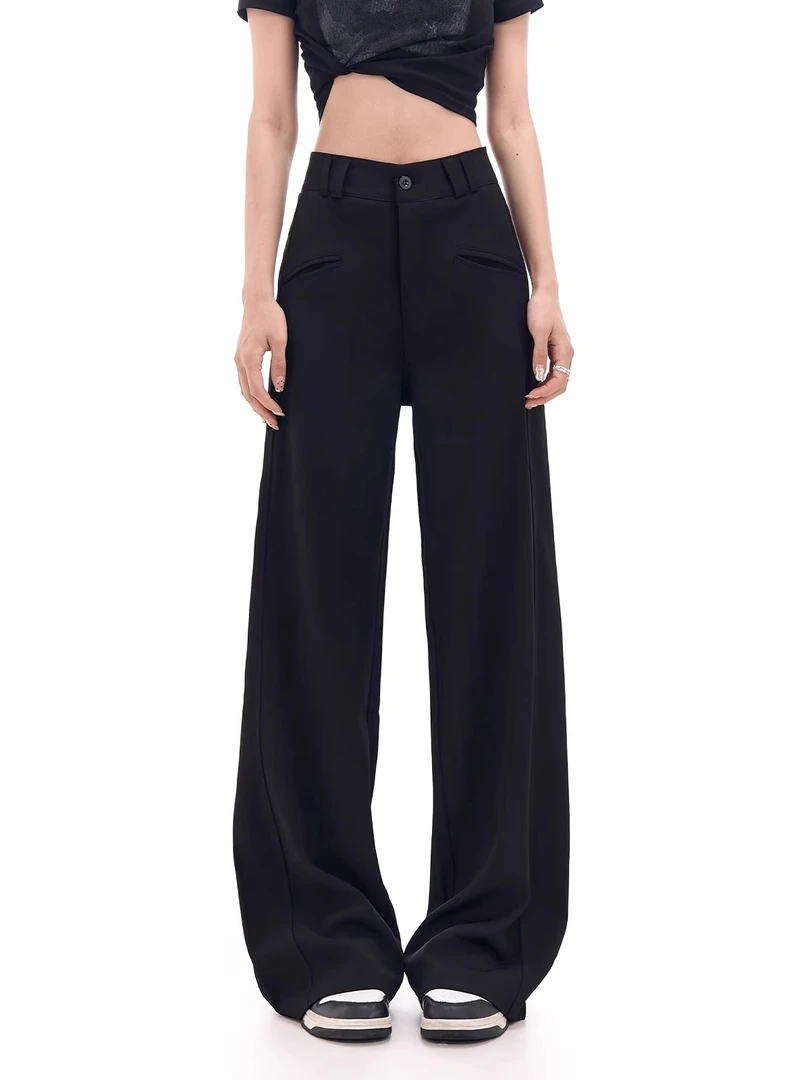 垂坠感口袋女设计感大码胖mm宽松慵懒风直筒裤小众休闲西装阔腿裤