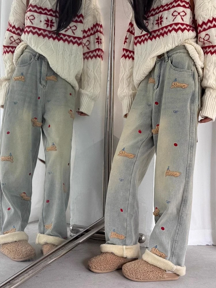 小狗刺绣牛仔裤女冬季百搭大码胖mm直筒显瘦阔腿裤子宽松bf慵懒风