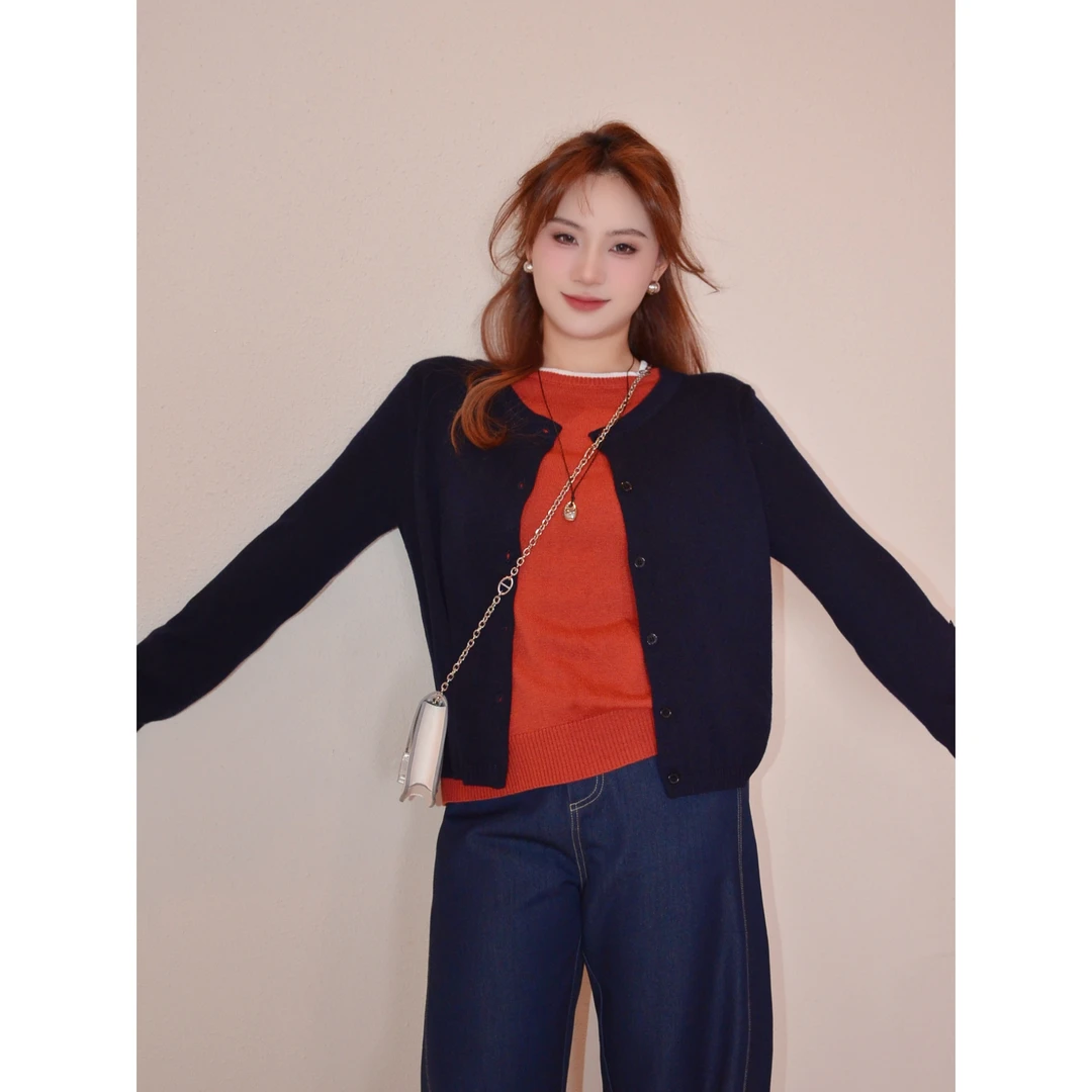 现货-JINJIUJIU【Miu系叠穿】微胖韩系假两件撞色软糯舒适显瘦上衣