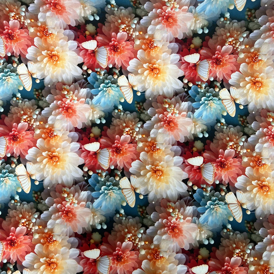 新款3D蝴蝶花海印花夏锦缎纯棉宽幅绵绸人造棉亲肤透气
