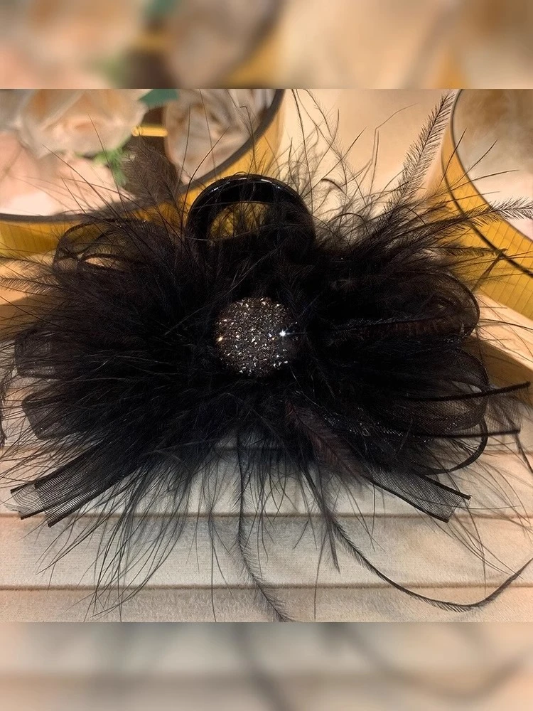 2023新款蝴蝶结羽毛抓夹女后脑勺秋冬高级感鲨鱼夹发卡毛毛发夹