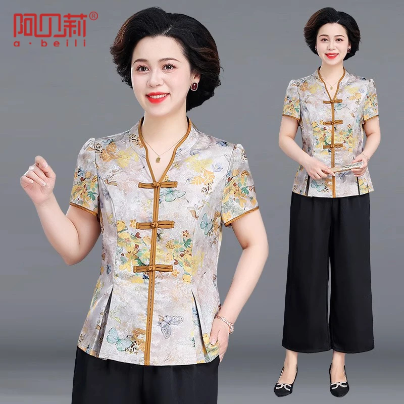 气质妈妈夏装国风套装洋气短袖小衫上衣中老年女装时尚减龄两件套