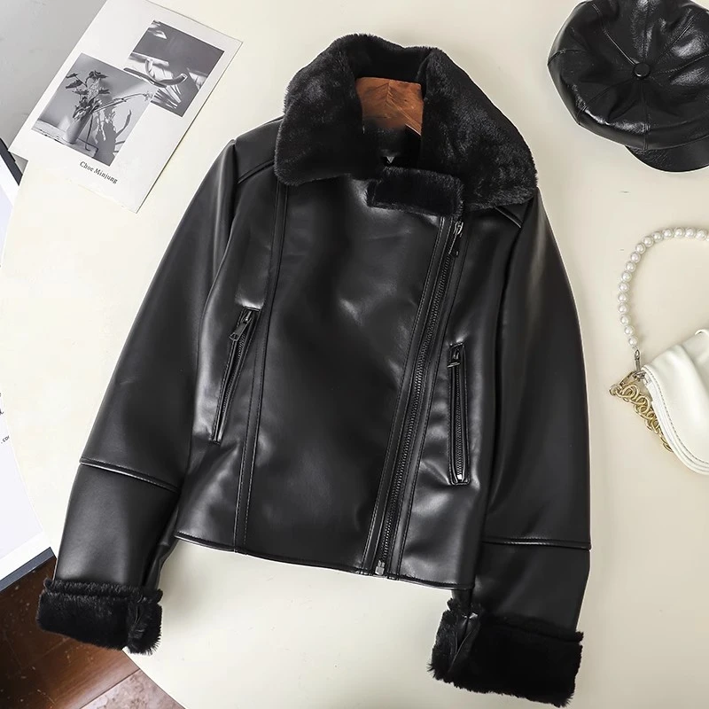 SU1017大毛翻领保暖加厚皮毛一体加绒PU短外套女