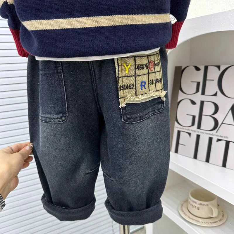 男童一体绒牛仔裤2024冬季韩版儿童柔软加绒裤子酷帅小童时尚长裤
