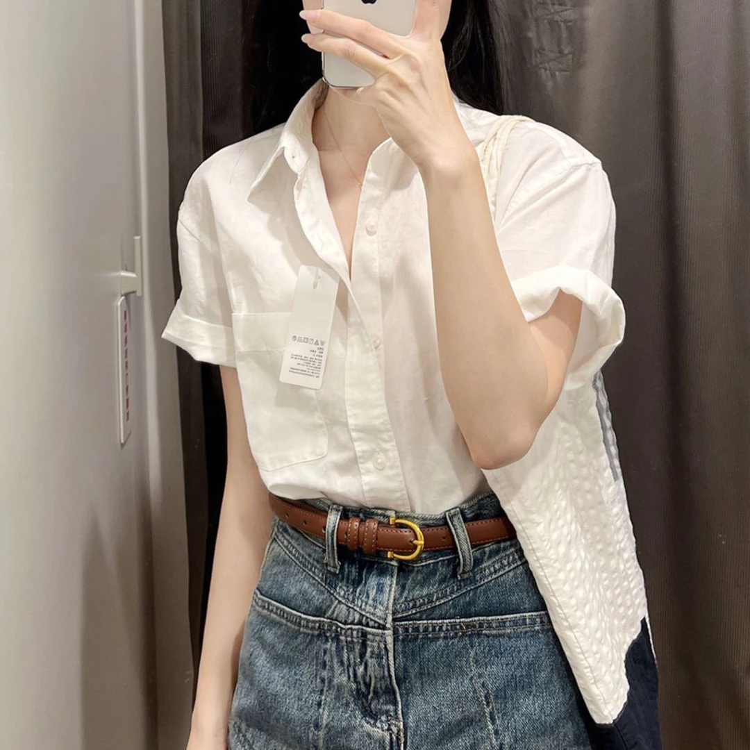 法式白色短袖纯棉衬衫女夏季polo领宽松休闲衬衣设计感小众上衣秋