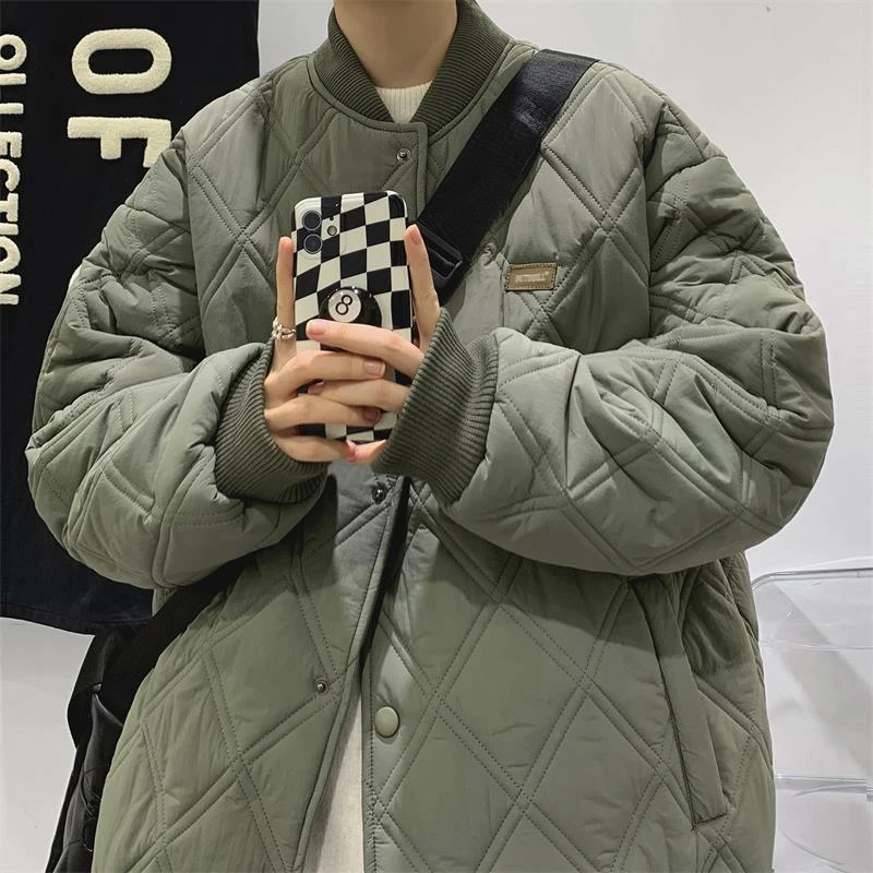 菱形格百搭复古棒球棉服男冬季加厚棉袄日系外套冬装晋江潮牌棉衣