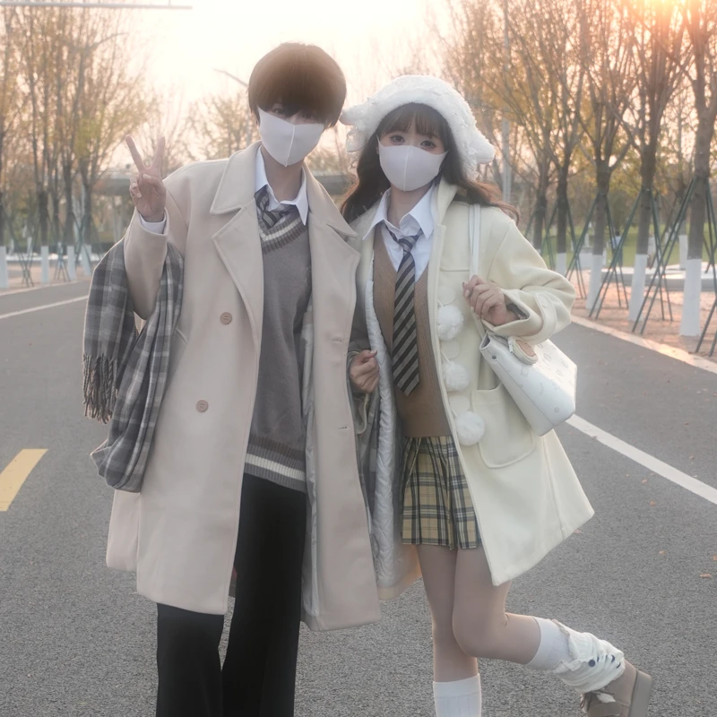 御茶家大衣外套-男女学院风JKDK制服牛角扣长短款校供感秋冬加厚