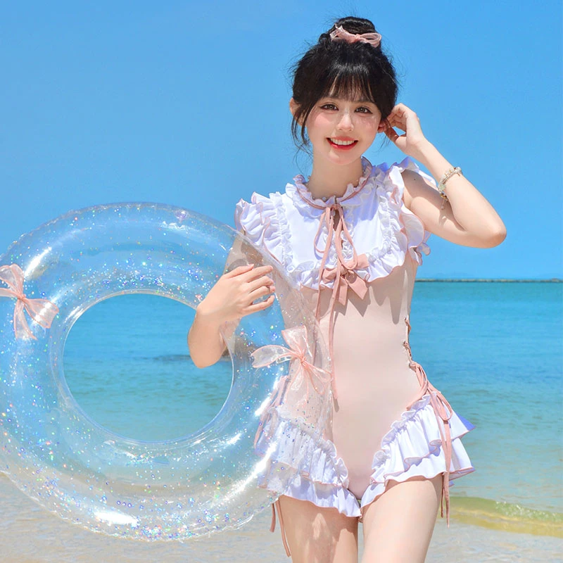 御茶家【618】御茶家 甜心奶泡 甜美蝴蝶结粉显白学生连体泳衣