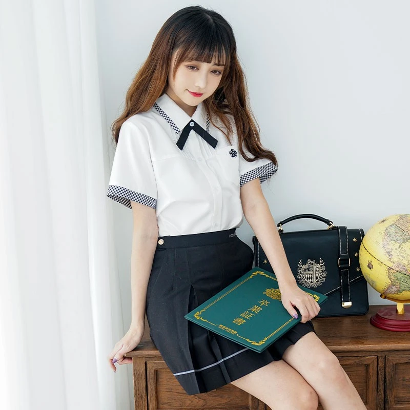 【反季】黑白格纹拼接衬衫  稷川私立可拆卸飘带长袖衬衫