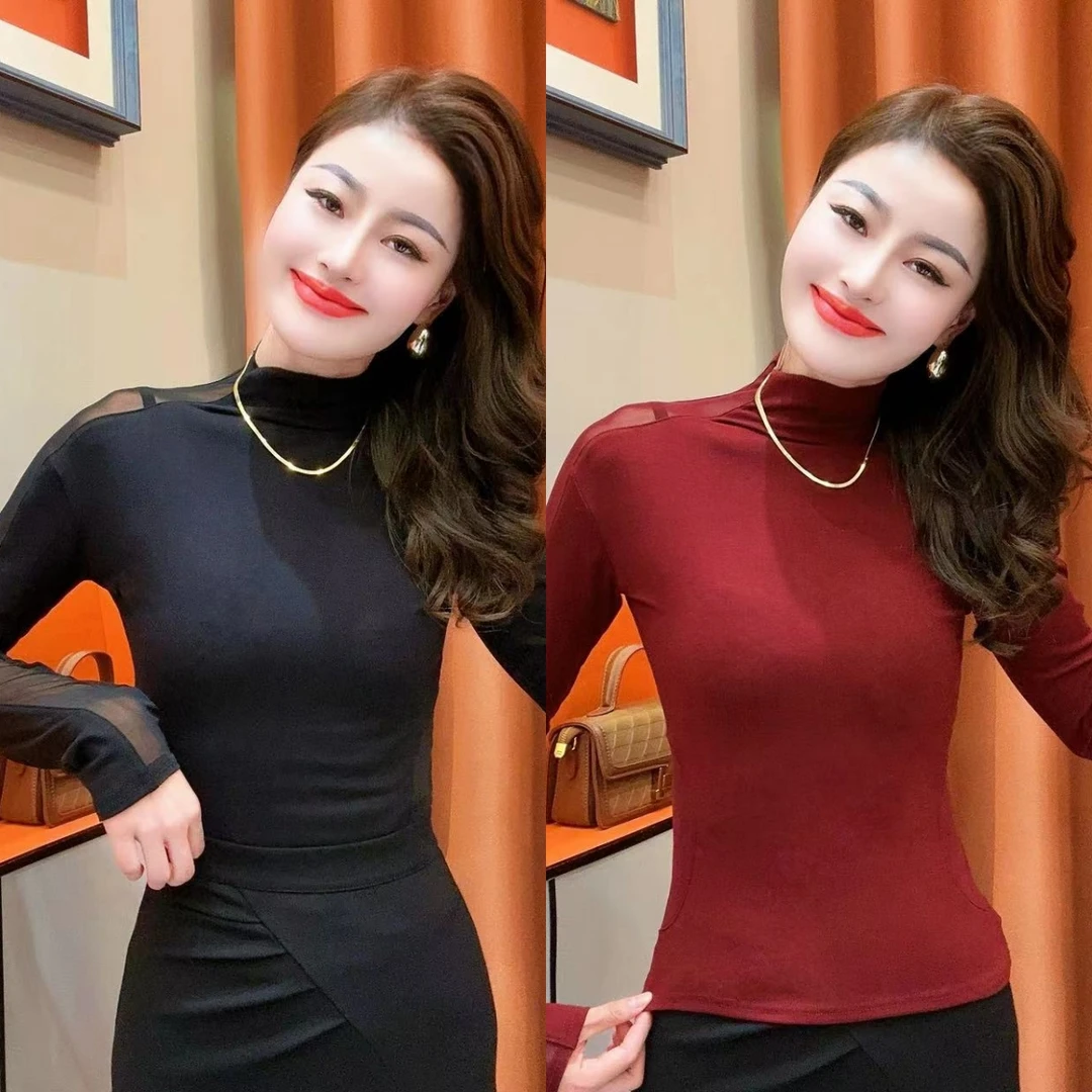 【柏芝推荐】2024秋季新款时尚弹力拼接网纱长袖T恤气质显瘦百搭女