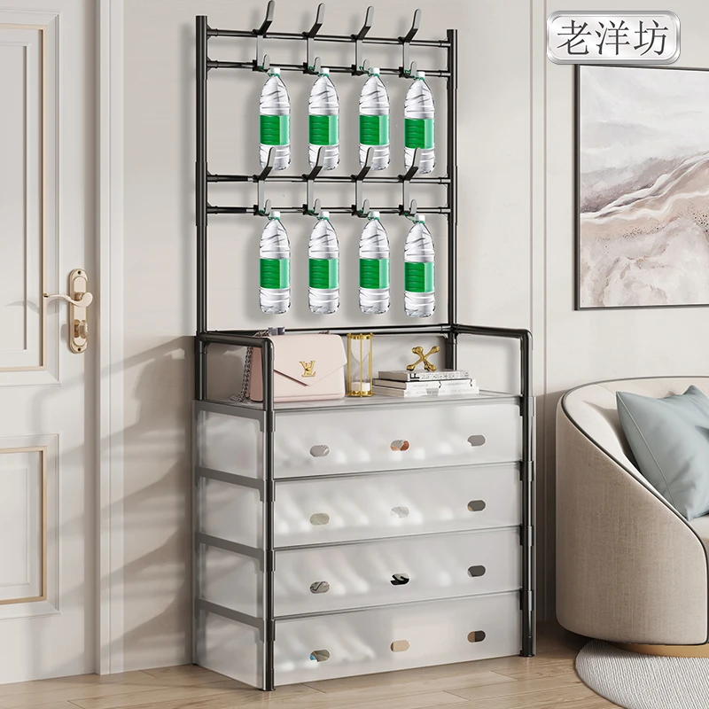 网红防尘鞋柜挂衣架一体入门鞋架多层家用玄关衣帽架落地式置物架