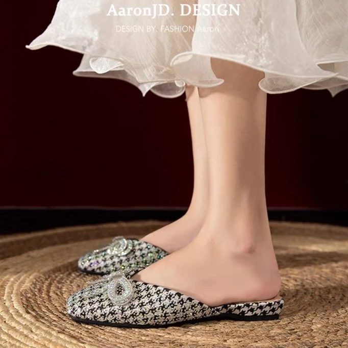 杏998-42穆勒鞋高级感小香风2023百搭半托单鞋包头半拖鞋平底外穿