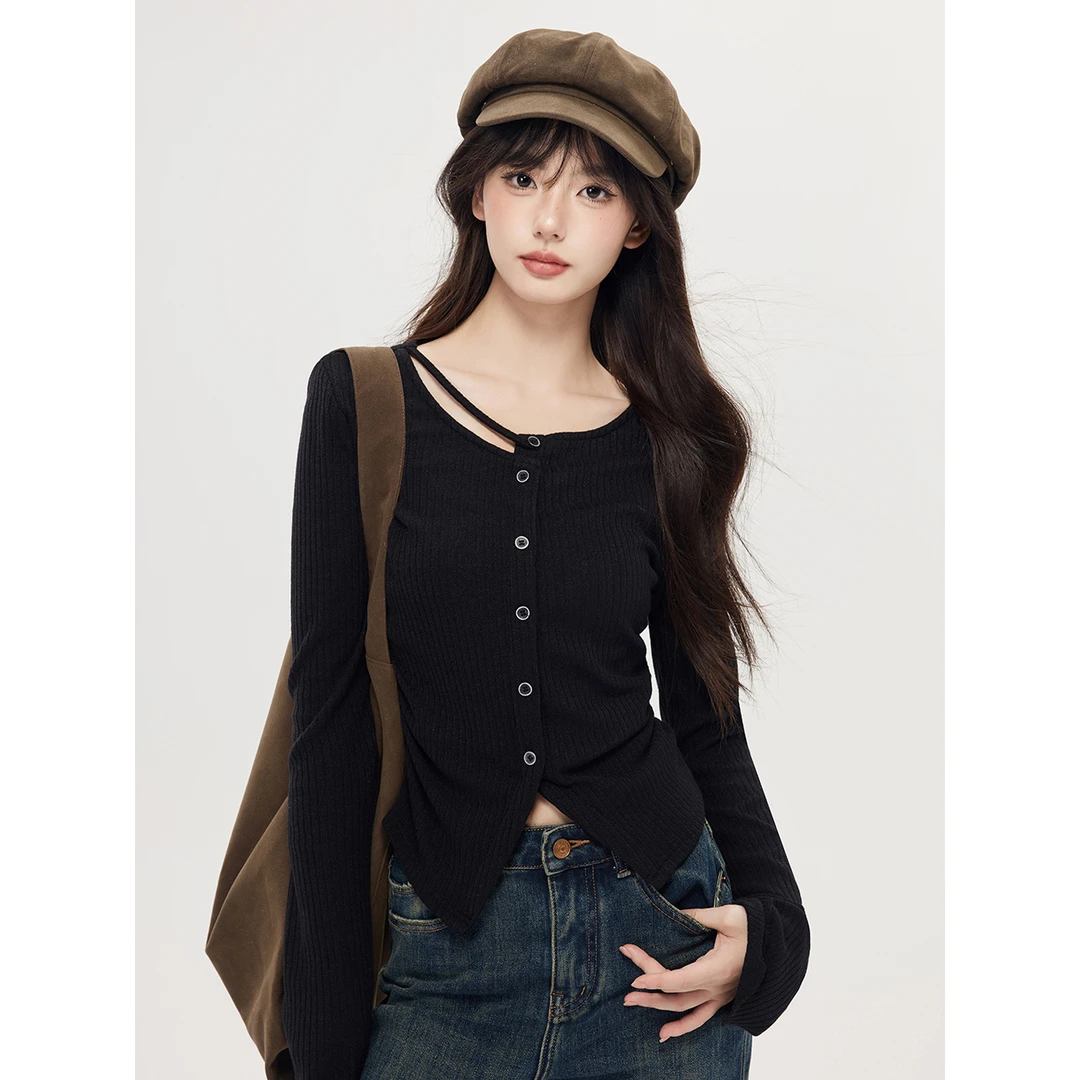 尔给秋季不规则设计T恤长袖显瘦复古法式修身设计感黑色小众上衣