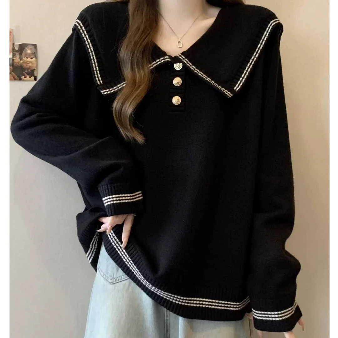 【9924】大码女装针织衫时尚气质胖mm宽松显瘦海军领长袖上衣秋冬季