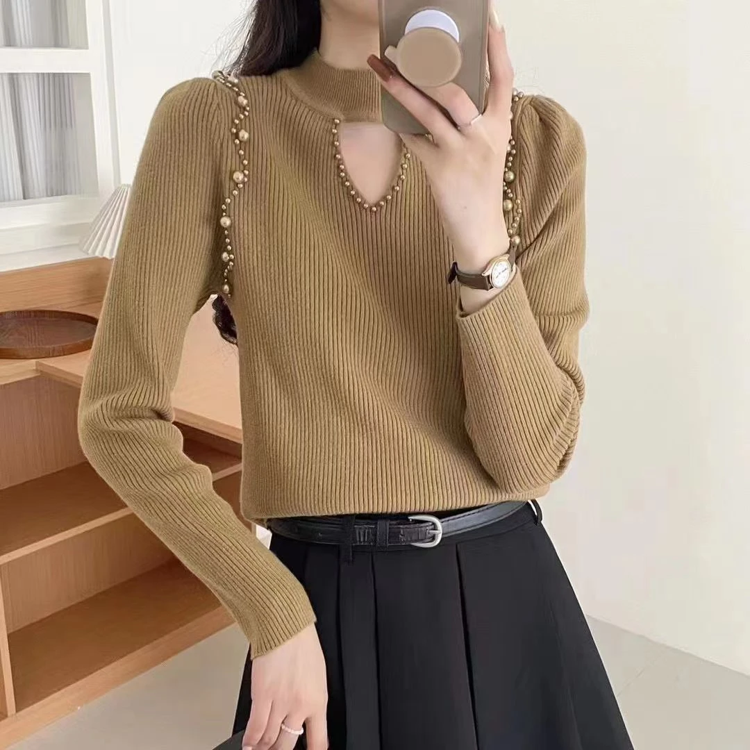 【181】大码镂空高领打底秋冬钉珠新款时尚洋气针织衫长袖毛衣上衣