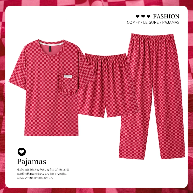 睡衣女款2025新款夏季短袖短裤长裤甜美少女士睡衣女套装三件套装