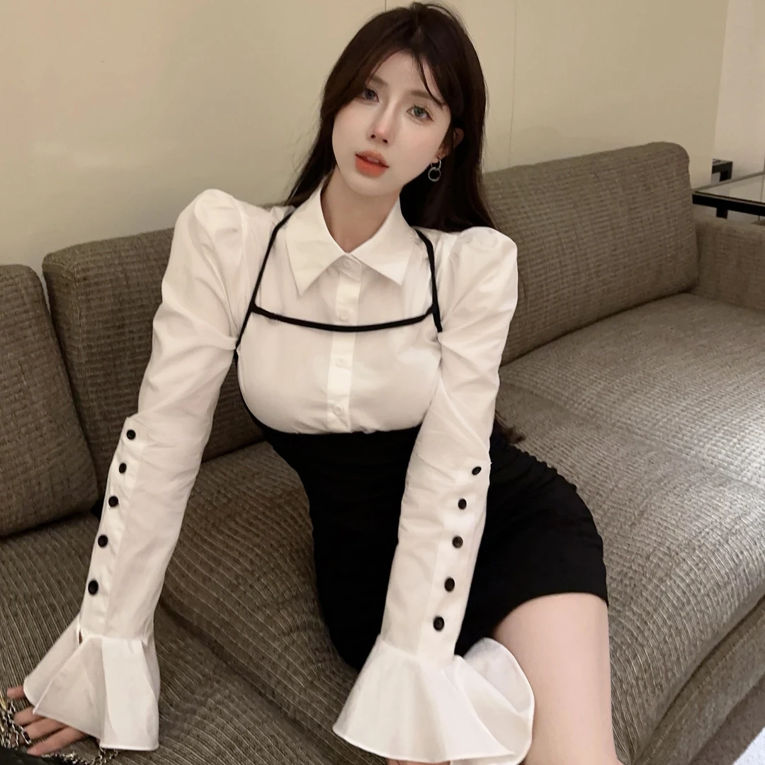 POLO领衬衫包臀吊带连衣裙两件套装喇叭袖小个子纯欲甜辣风套装