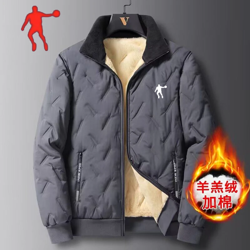 乔丹格兰羊羔绒棉衣男士冬季大码休闲宽松加绒保暖运动立领棉服潮
