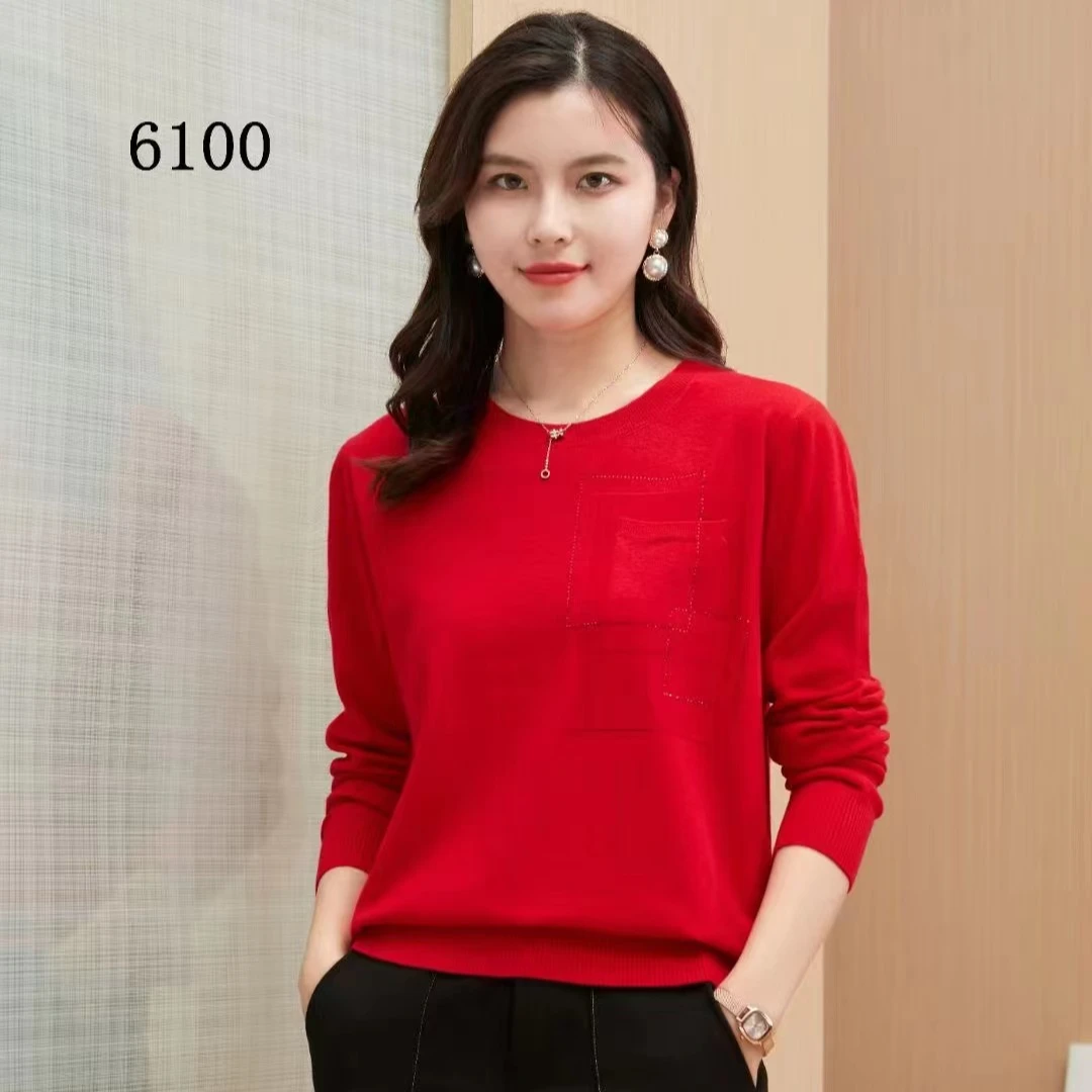 打底衫长袖针织时尚休闲百搭女士红色圆领春秋洋气羊绒宽松纯色