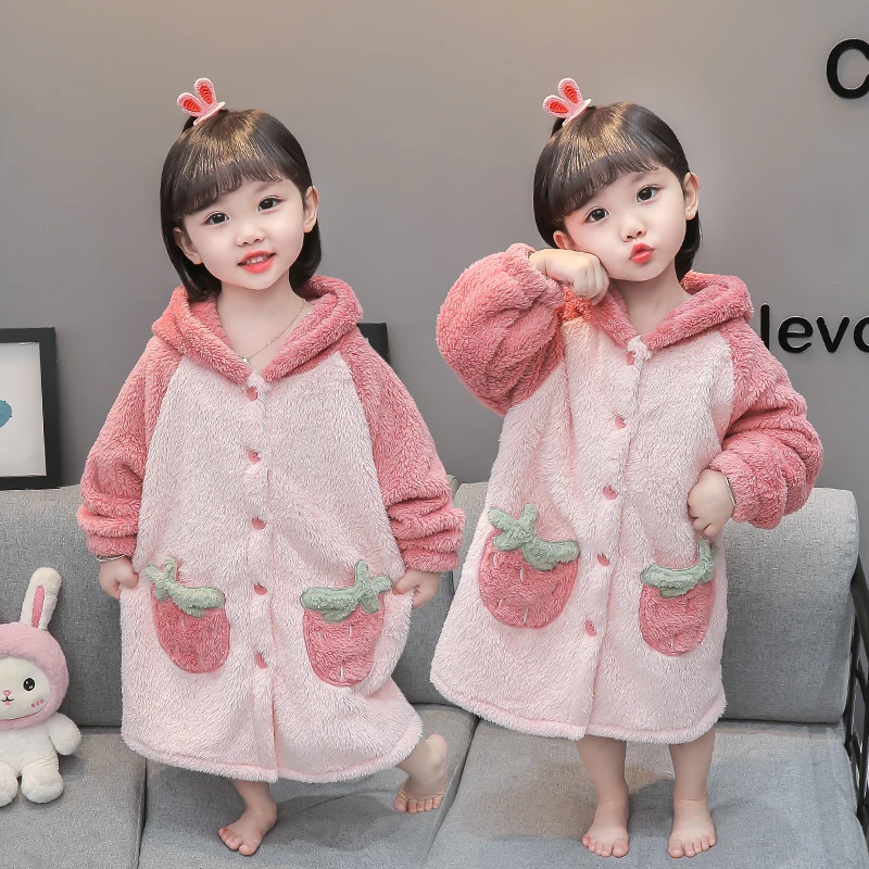 女童睡衣法兰绒秋冬女宝宝珊瑚绒睡袍加厚婴幼儿童浴袍家居服外套