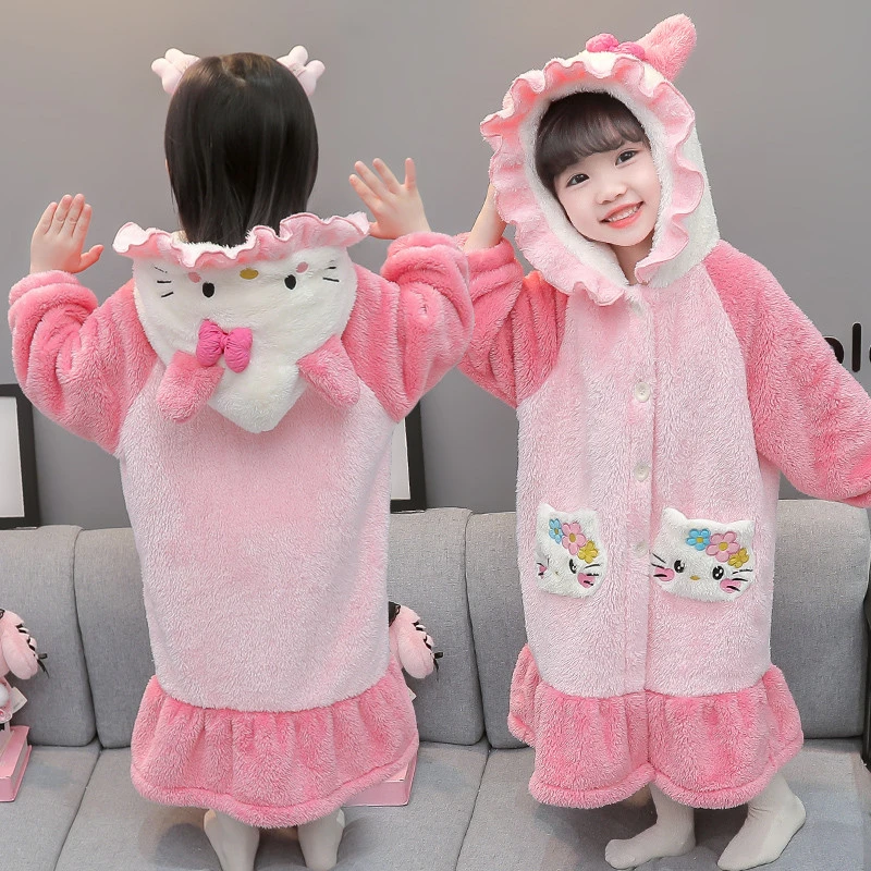 女童法兰绒睡衣秋冬款2024新款儿童睡袍珊瑚绒宝宝冬季家居服睡裙