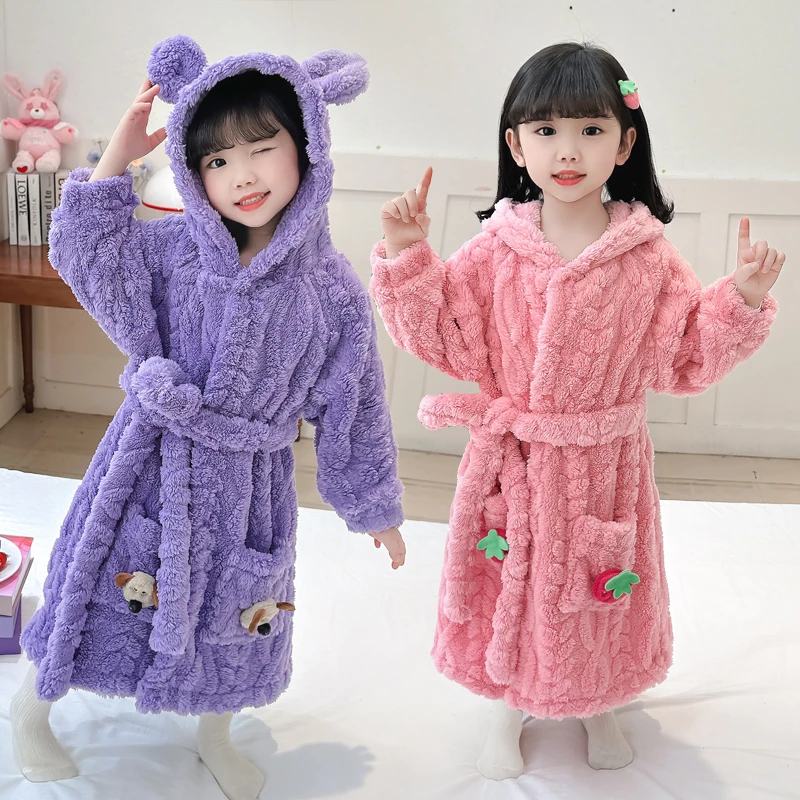 女童浴袍秋冬季女童法兰绒睡袍洗澡斗篷浴衣宝宝加厚浴巾儿童睡衣