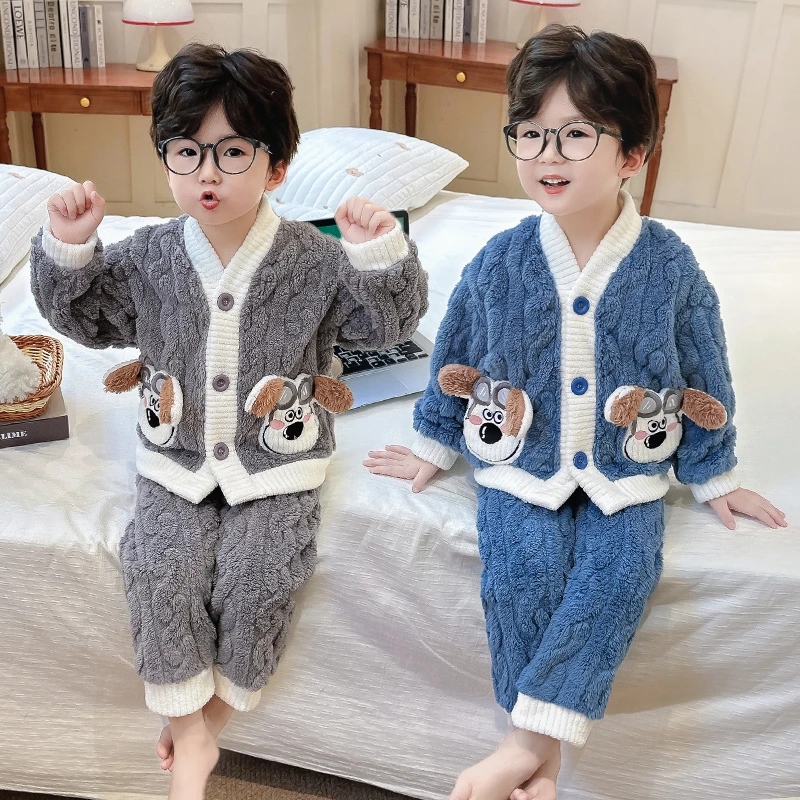 儿童睡衣男童冬季珊瑚绒加厚加绒保暖宝宝男孩法兰绒家居服套装