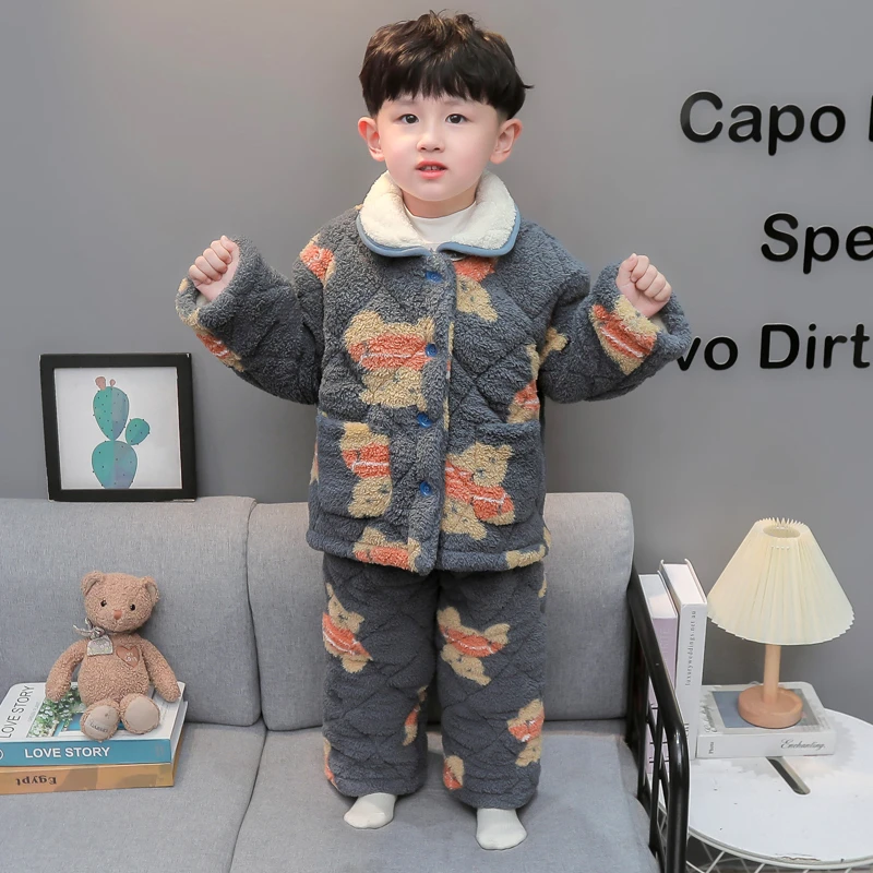 男童睡衣冬季2024新款儿童三层夹棉加厚男宝宝冬款保暖家居服套装