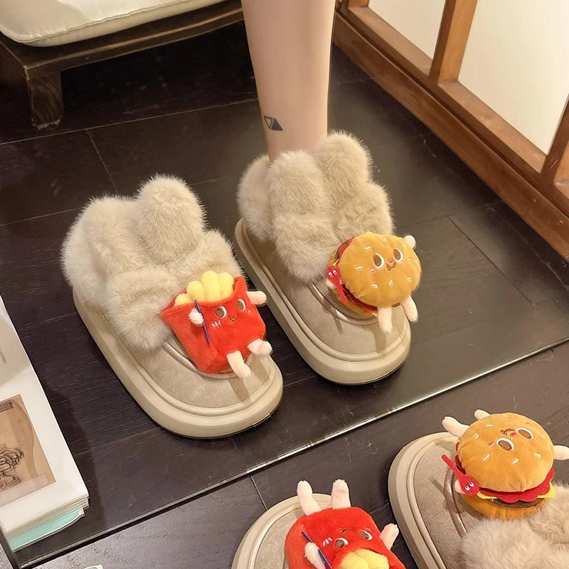 时尚爆款可爱卡通薯条汉堡雪地靴女外穿2023年秋冬季新款保暖棉鞋