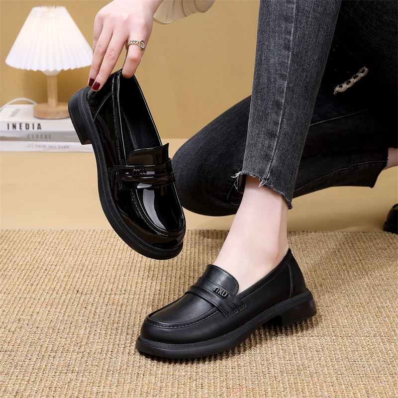 厚底乐福鞋圆头乐福鞋女鞋春秋平底单鞋百搭软底舒适时尚黑色复古