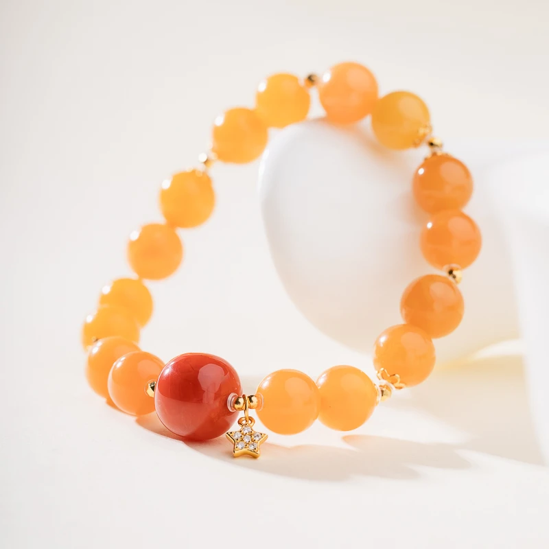 木欣欣 蜜蜡9mm南红桶珠单圈手串星星女士手链送礼配饰设计感