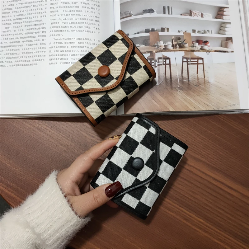 短款棋盘格女2024新款欧美菱印花搭扣零钱包风琴式防驾驶证保护套