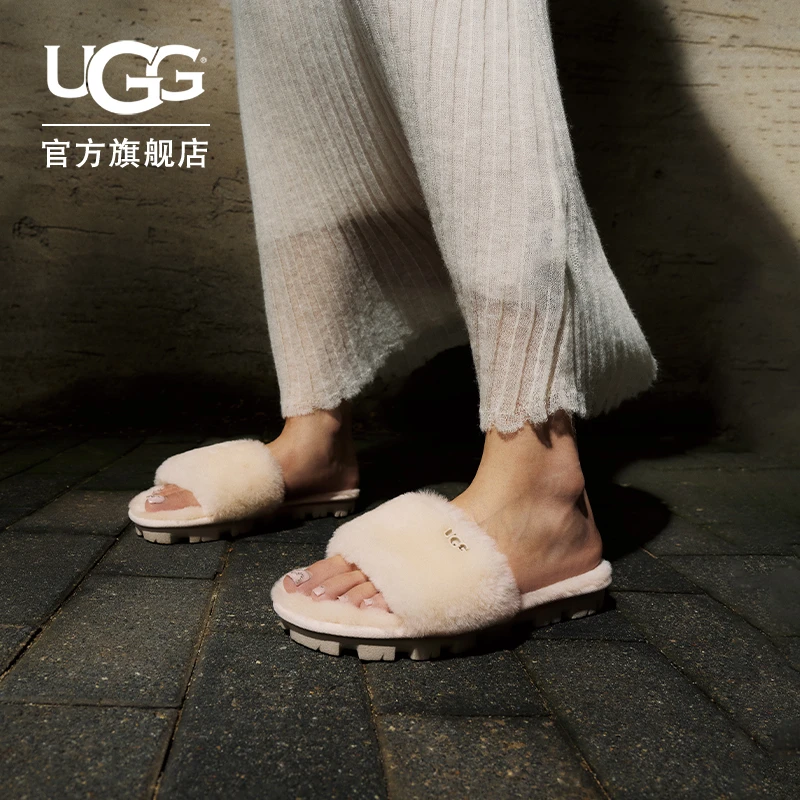 UGG女士平底室内外舒适休闲露趾茸茸一字凉拖鞋 1100892-DB2