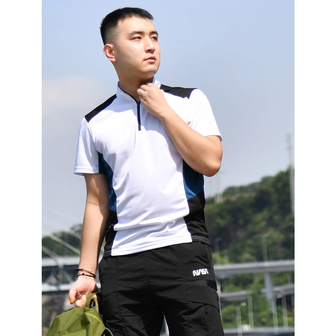 北京森林户外2025春夏季休闲旅行立领拼色短袖透气速干衣T恤男式