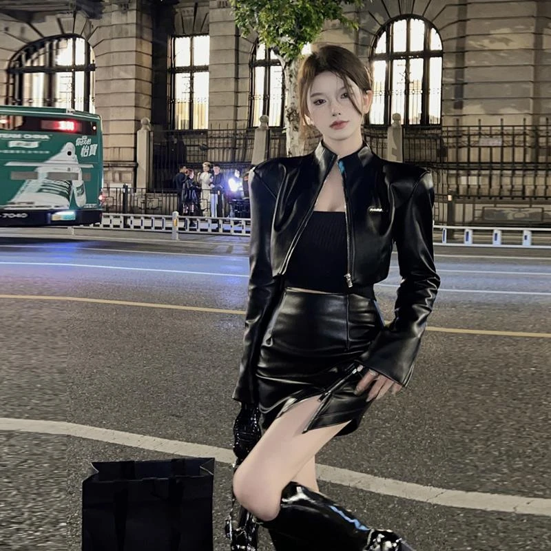 新款黑色立领皮衣外套女秋季2024时尚高级感宽松气质短款a字裙潮