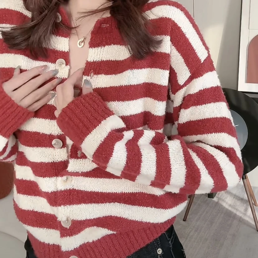 【CHEN】41洋气减龄显白拼条小毛衣外套长袖圆领针织开衫24102221